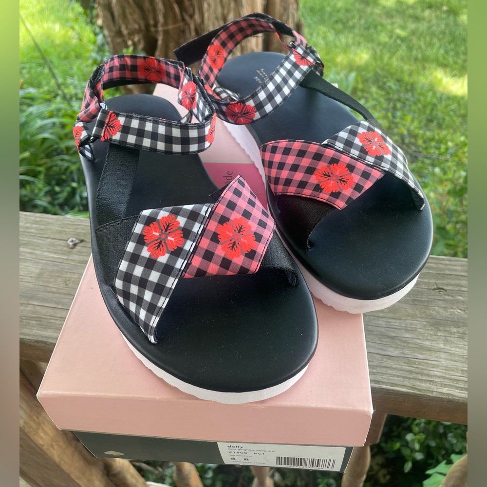 Kate Spade New Dotty Gingham Ankle Strap Checker print Platform Sandals Size 8